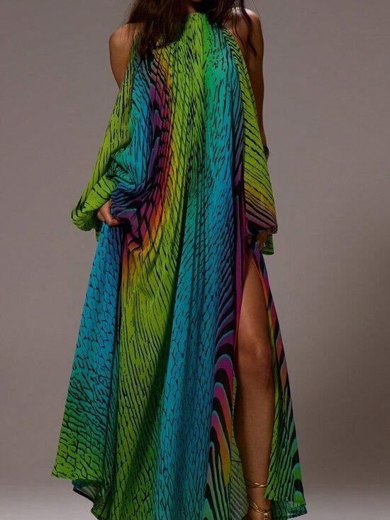MODA ME COUTURE Dresses & Skirts - Yellow Boho Women's Chiffon Maxi Dress with Open Back Split Sleeves Halter Neck